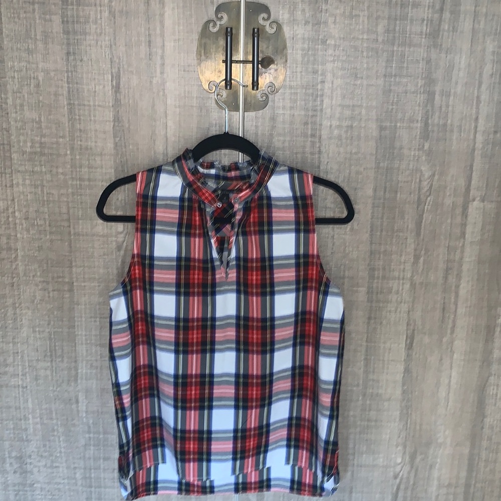 J Crew Womens Tank‎ Pullover Sleeveless Blue White Red Plaid Cotton.